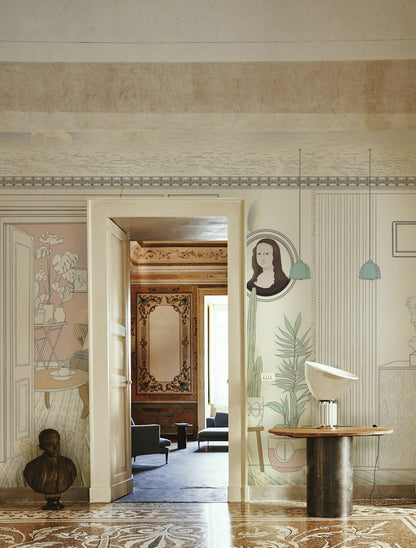 Hallway adornment wallpaper mural designed for indoor use.