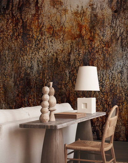 Rustic Abstract Brown Metal Wallpaper Mural in living room