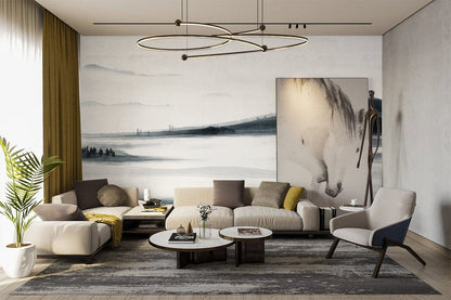 Monochrome Watercolor Landscape Mural Wallpaper in living room