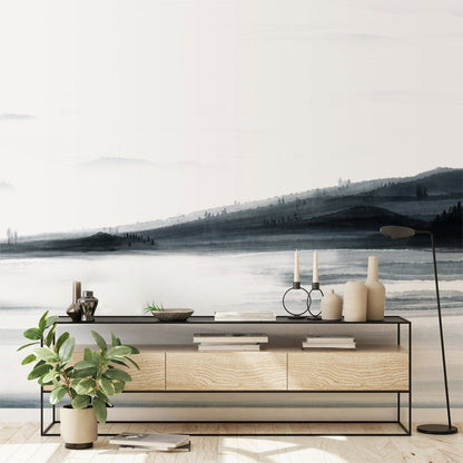 Monochrome Watercolor Landscape Mural Wallpaper in living room