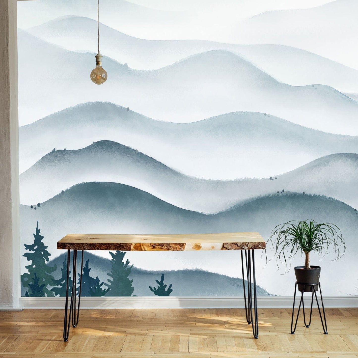 Use the wallpaper mural of Ink Mountain Waves as a decoration for the hallway.