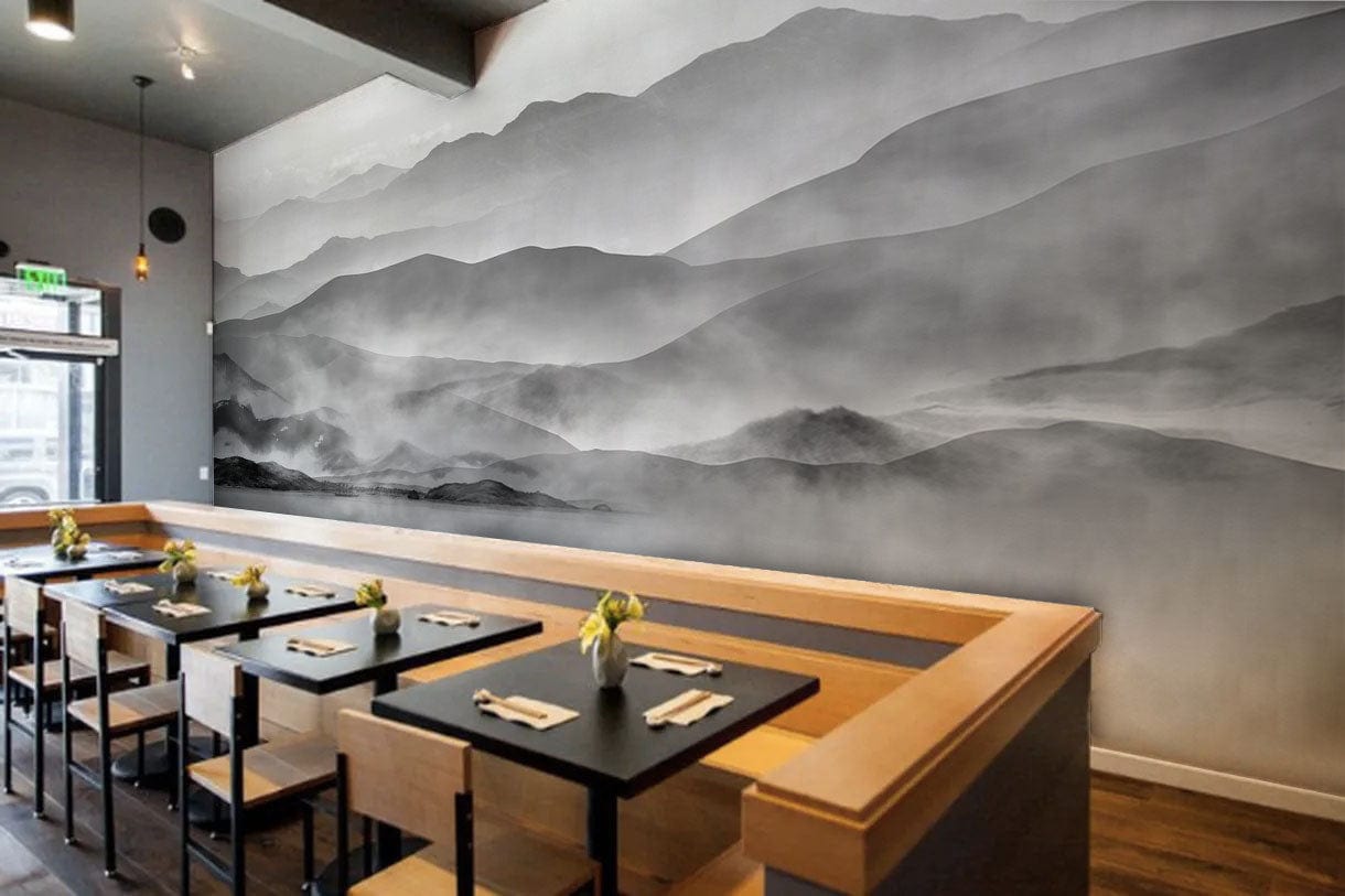 ink mountains wall mural restaurant decoration design