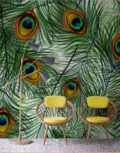 Hallway Decoration Featuring an Interlocking Peacock Feather Wallpaper Mural