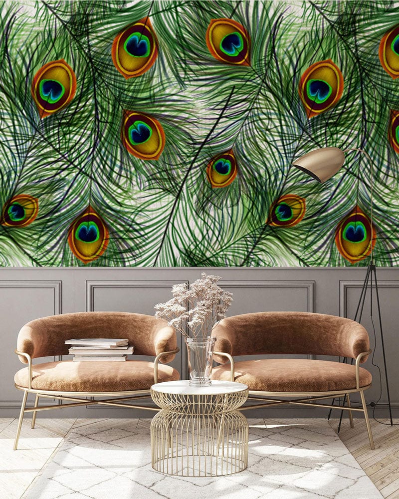 Hallway Decorative Wallpaper Mural Featuring an Interlocking Peacock Feather Design