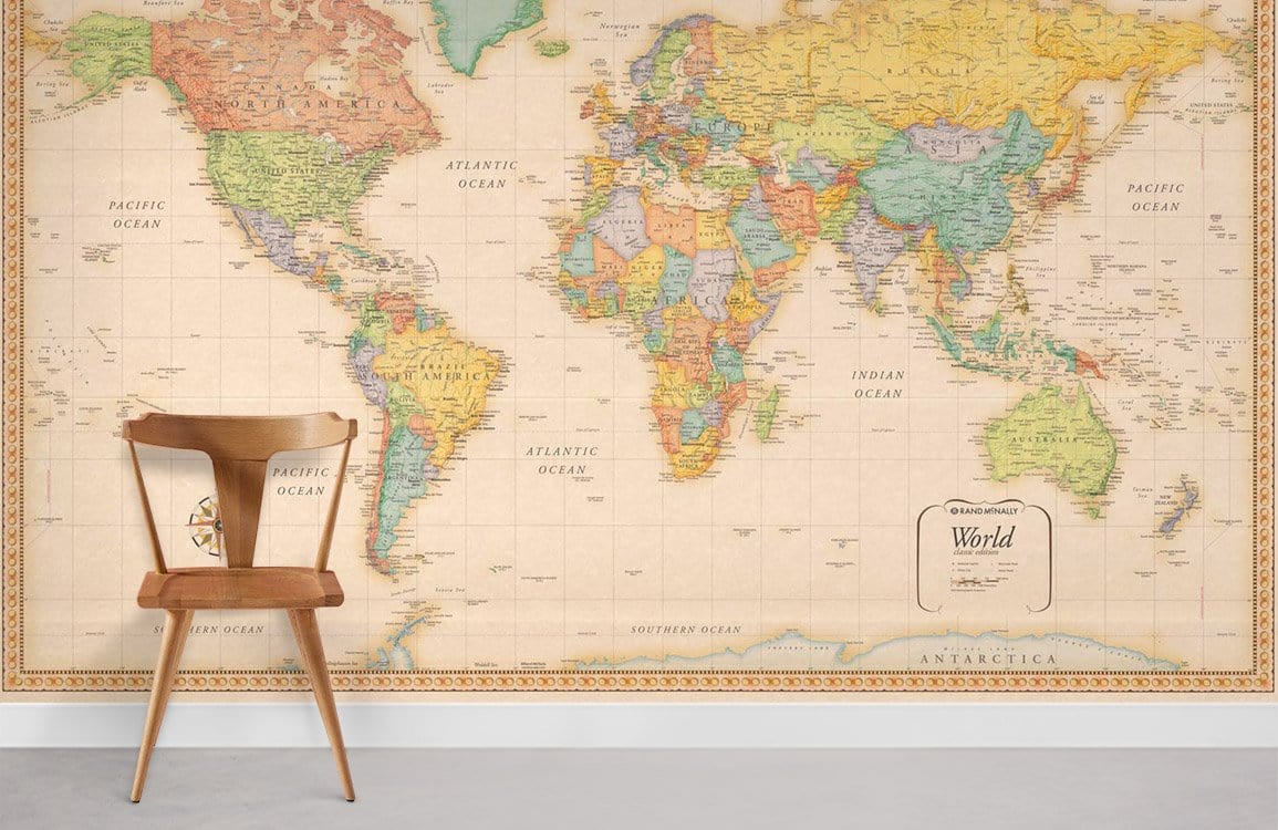 Vintage World Map Information Mural Wallpaper