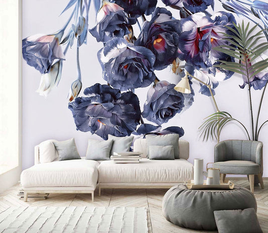 Romantic Peony Floral Dark Mural Wallpaper in living room