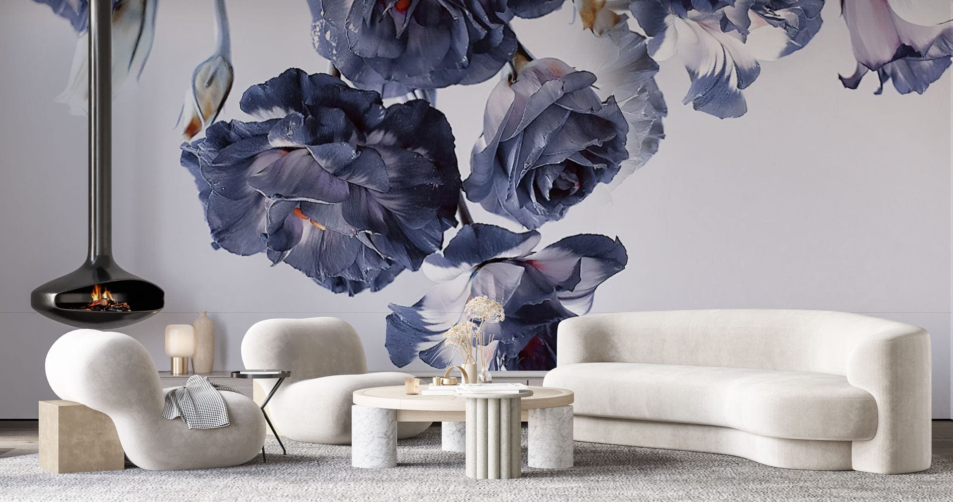 Inverted Purple Flowers Pattern Wallpaper Mural for Use in Decorating the Living Room