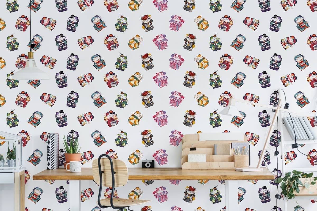 Fortune Cat Pattern Cartoon Wallpaper Custom Design