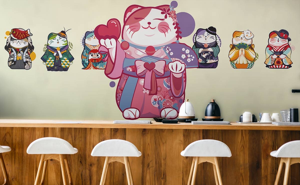 Kimono Cats Cartoon Animal Custom Wallpaper Design