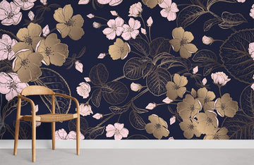 Elegant Navy Gold Floral Mural Wallpaper