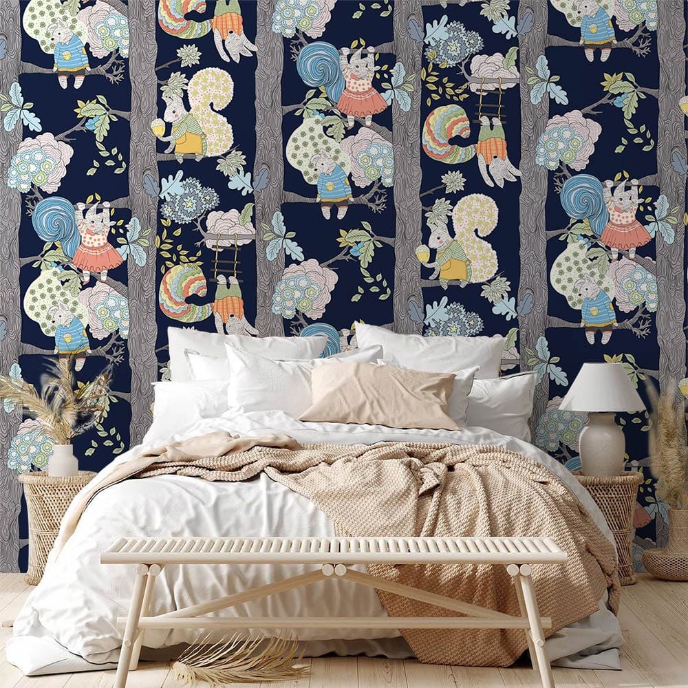 squirrels on trees wallpaper mural for bedroom