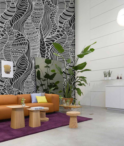 Abstract Geometric Black White Mural Wallpaper in living room