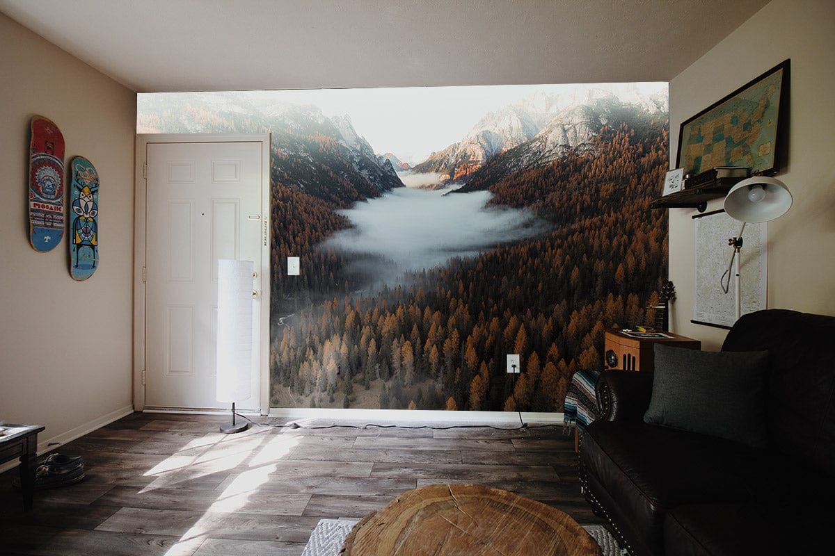 Bedroom Wallpaper Mural Featuring a Scene from the Dolomites Mountain Forest