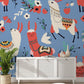 Decorate your living room with this cartoon alpaca wallpaper mural.
