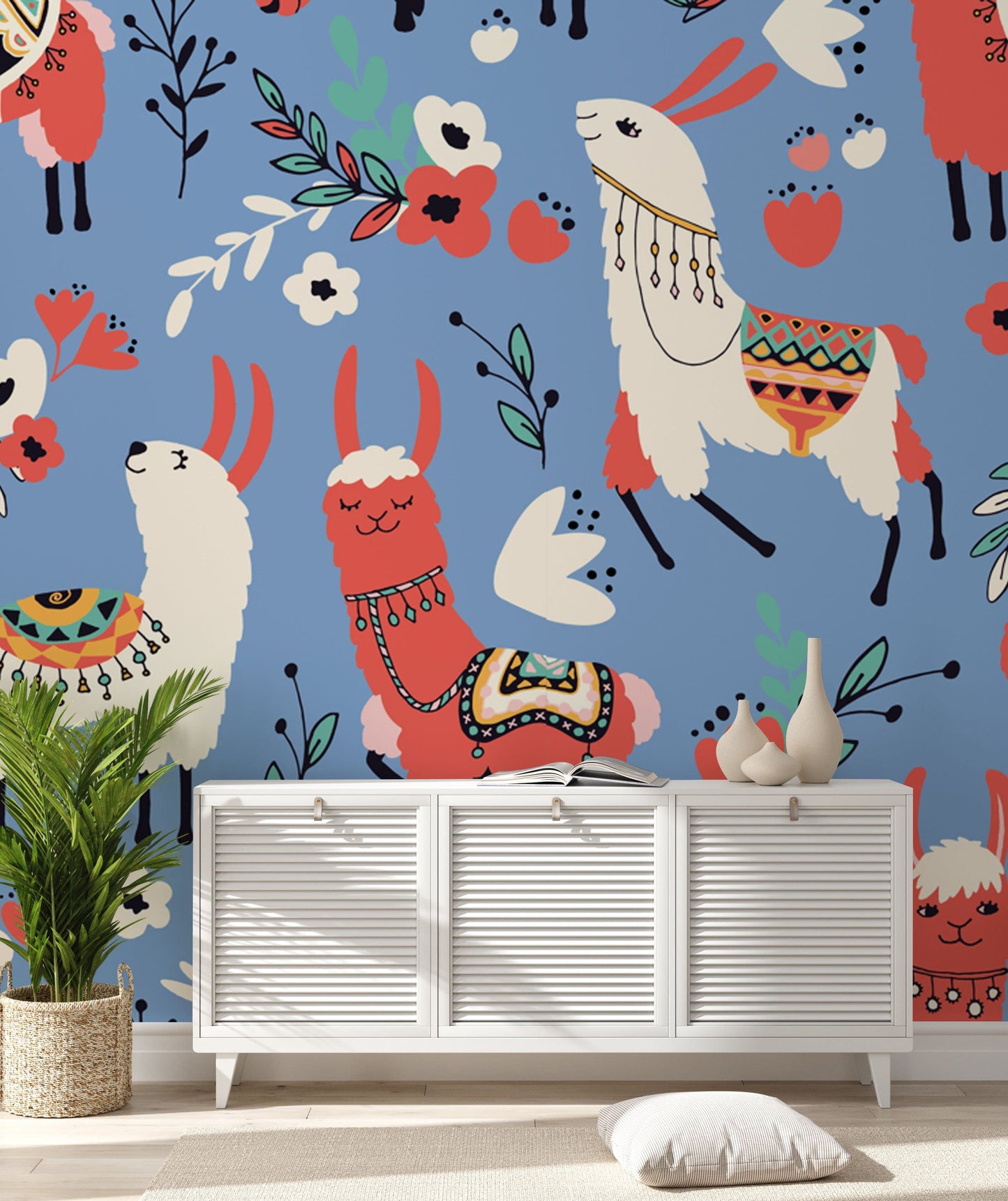 Decorate your living room with this cartoon alpaca wallpaper mural.