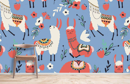 Home Decoration Featuring a Cartoon Alpaca Wallpaper Mural