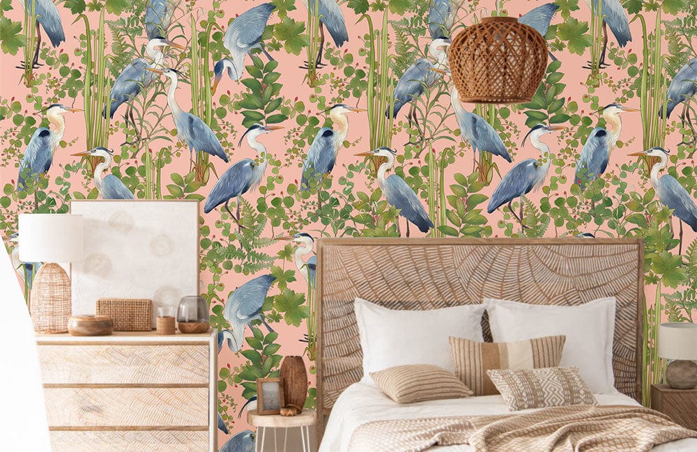 Tropical Heron Pink Botanical Mural Wallpaper