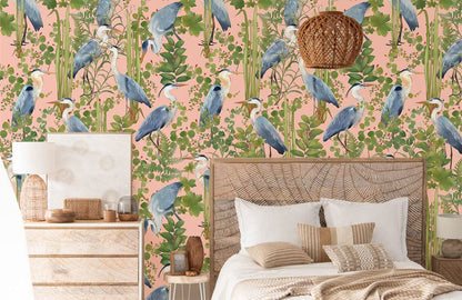 Tropical Heron Pink Botanical Mural Wallpaper in bedroom
