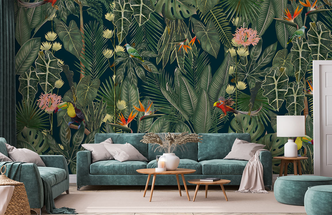 jungle leaves bird wallpaper mural