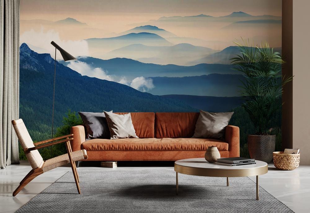 Misty Mountain Landscape Wallpaper Mural in living room