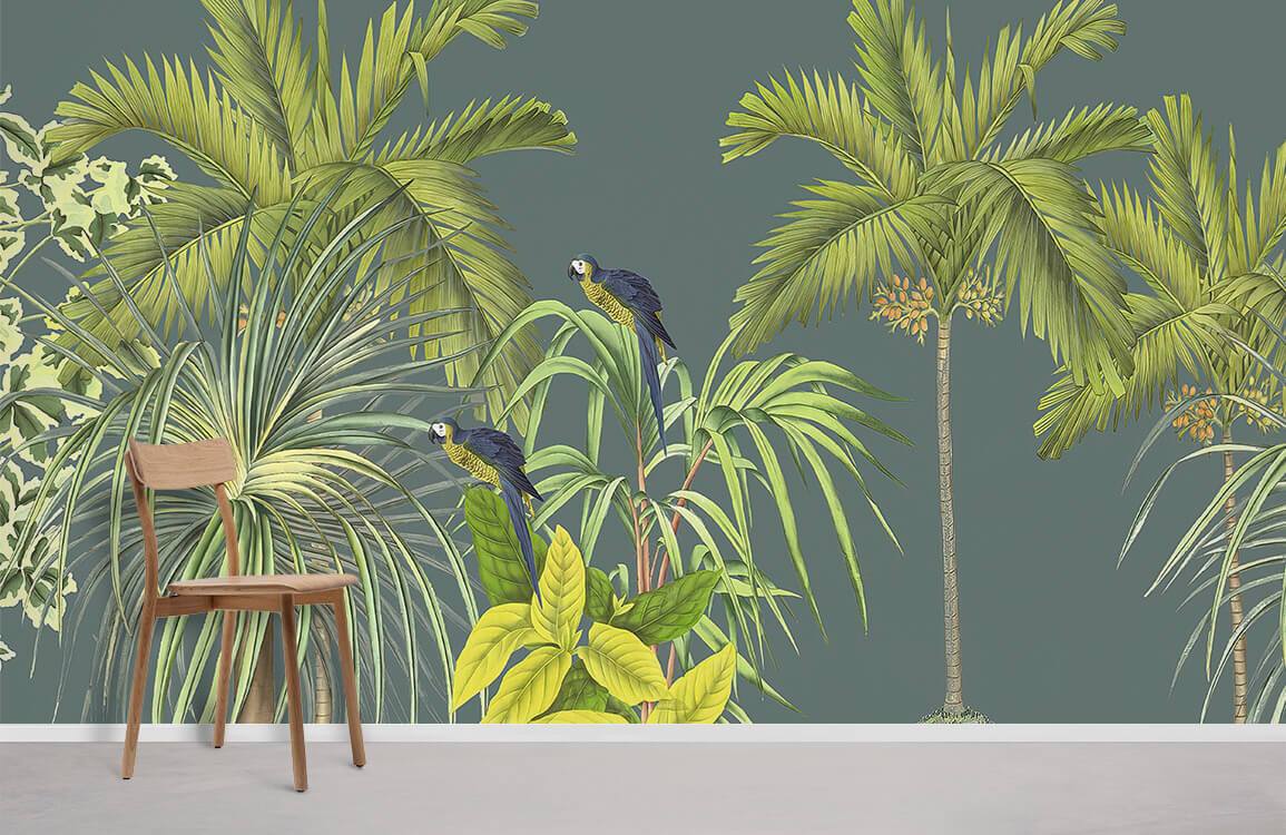 wallpaper mural depicting a trendy jungle environment for use in interior decoration