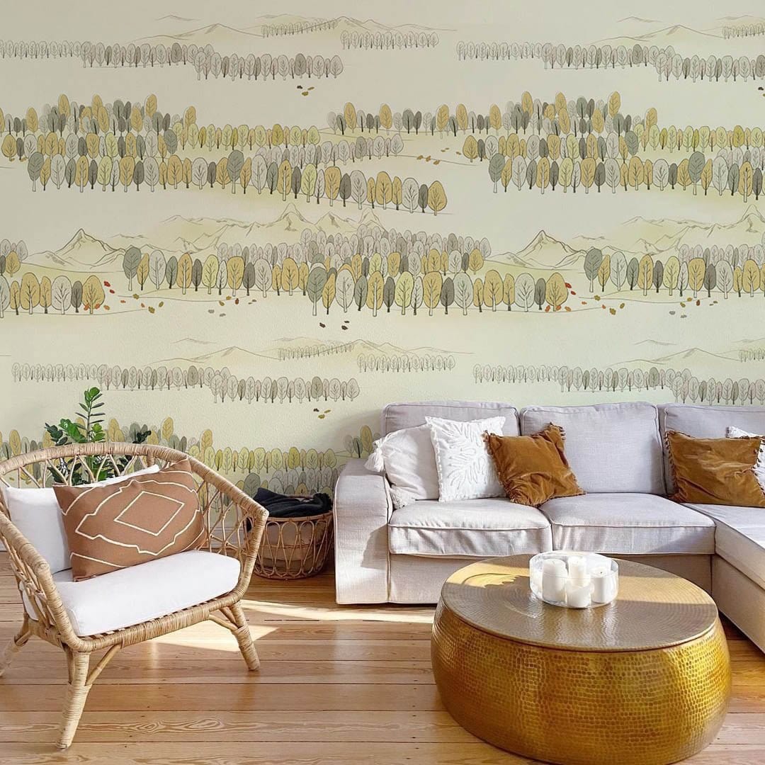 Living Room Wallpaper with a Mural Featuring a Jungle Sketch Pattern