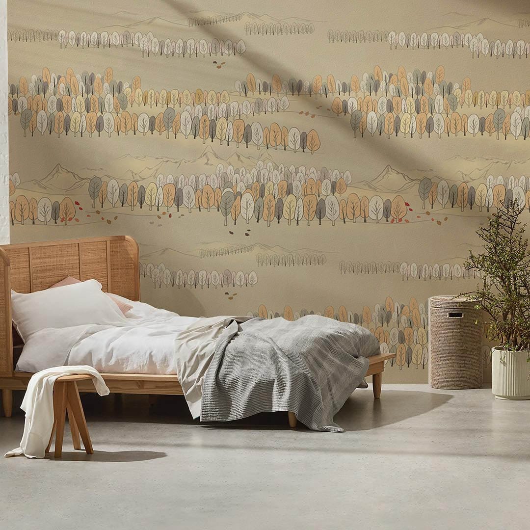 Bedroom Wallpaper Mural Featuring a Jungle Sketch Pattern