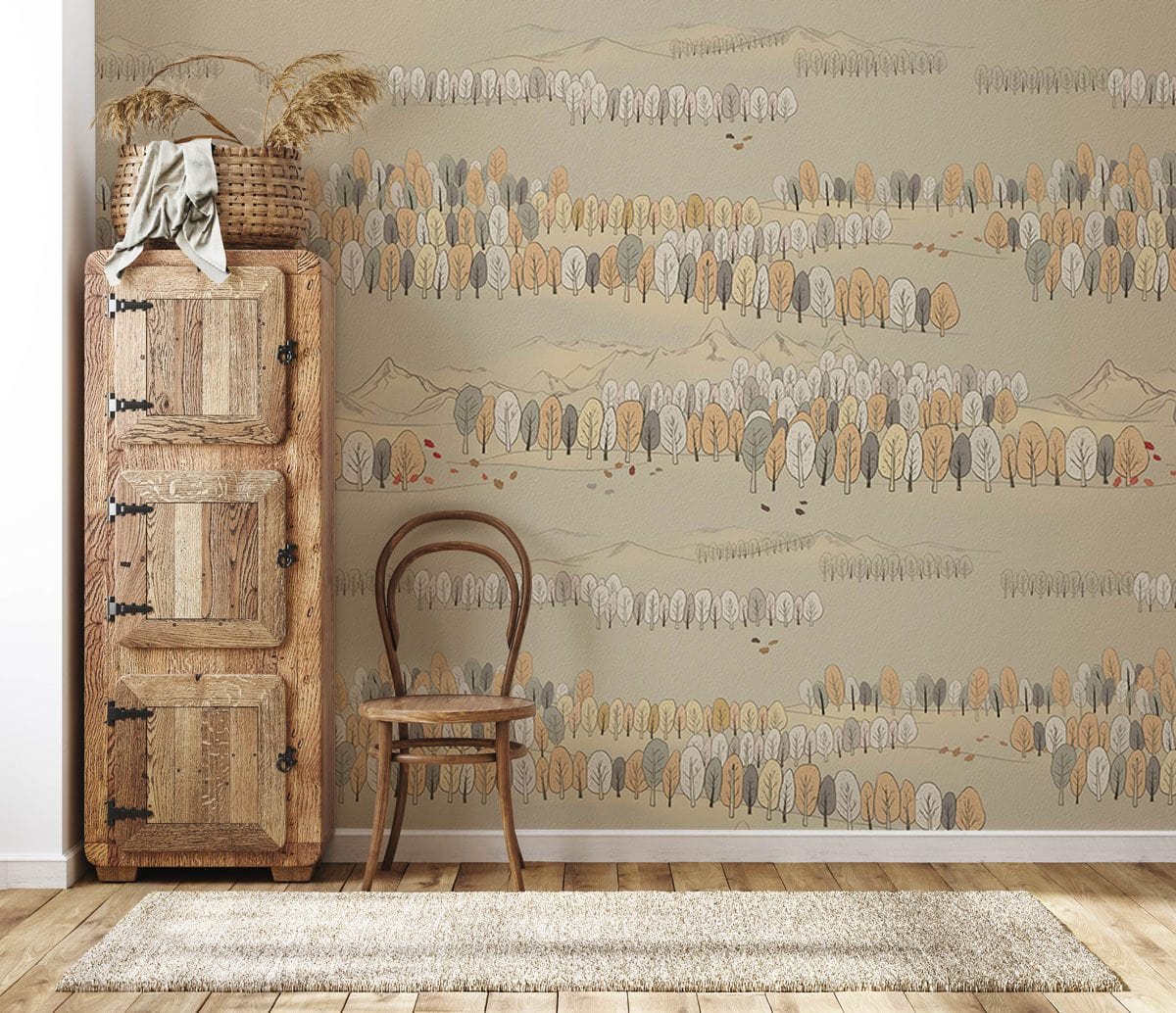 Living Room Wallpaper with a Mural Featuring a Jungle Sketch Pattern