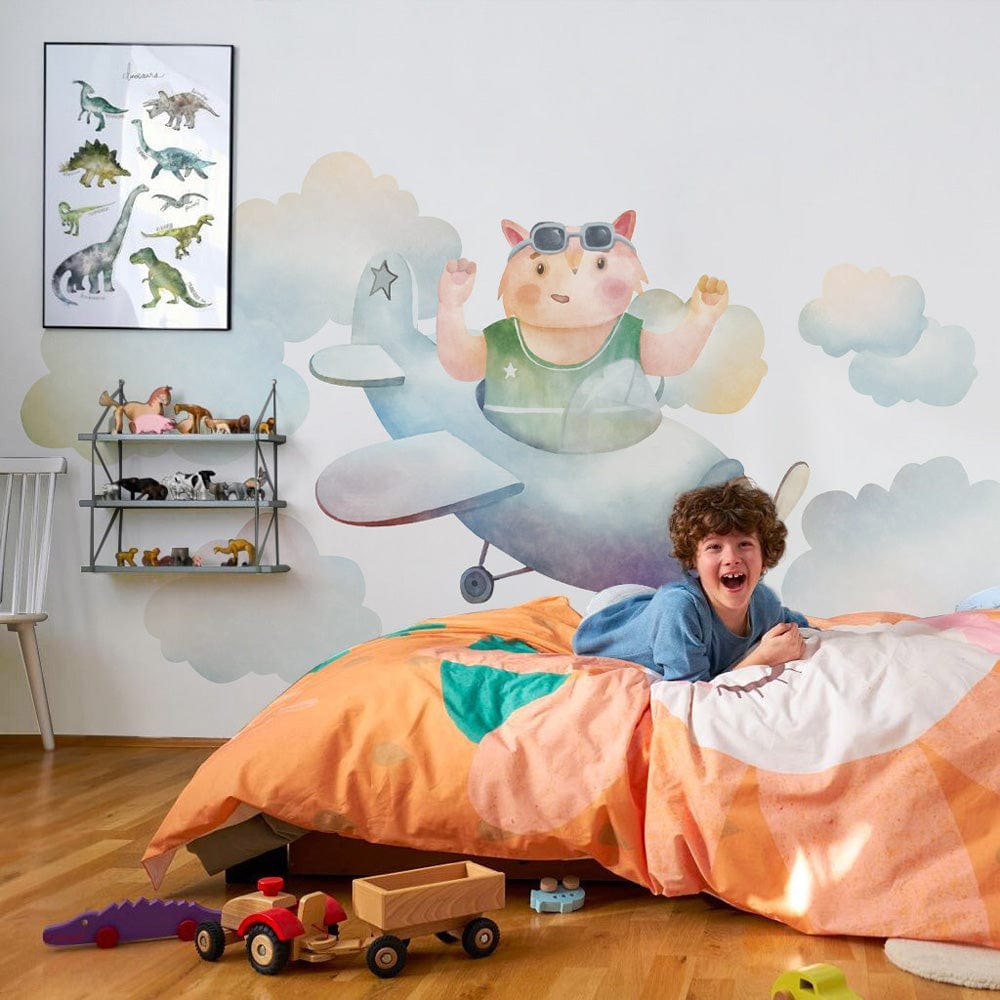 a flying pigeon in a sky filled with rainbow hues for children's rooms, murals on the wall