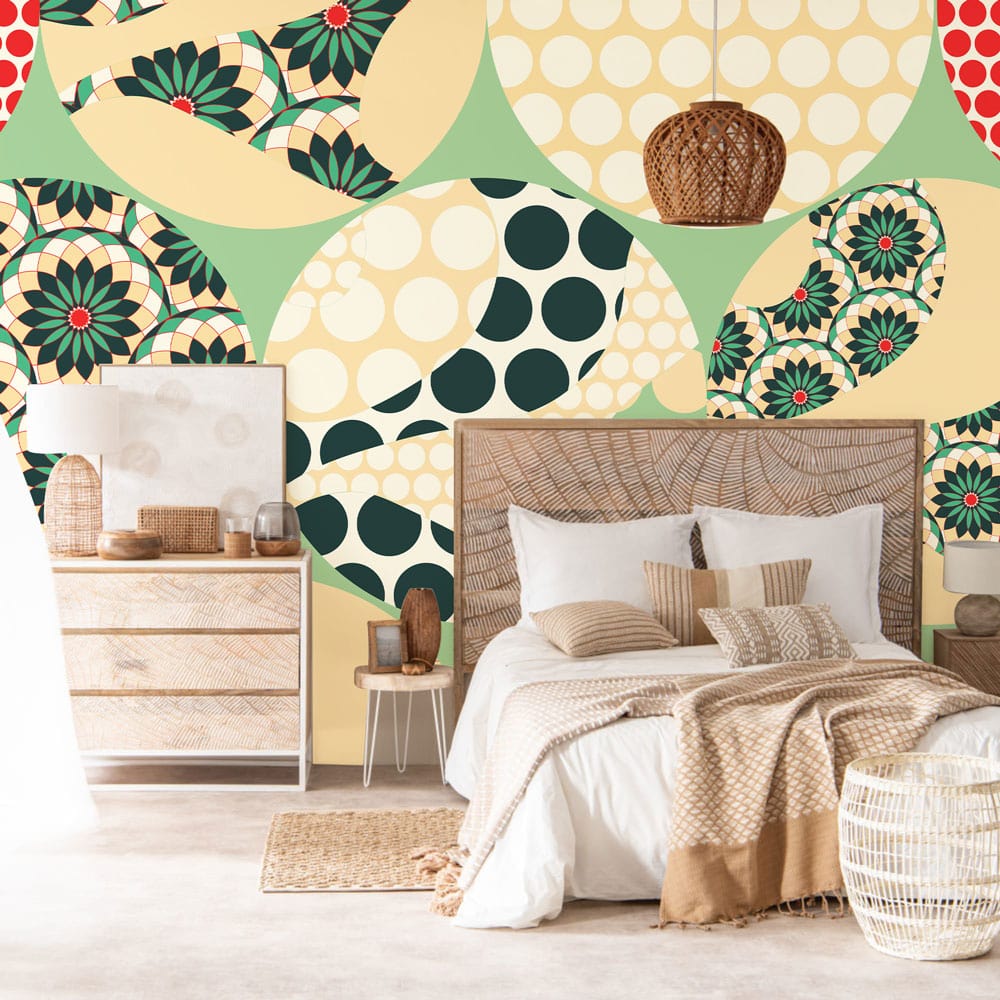 Pattern of Kaleidoscope Circles on Wallpaper Mural for Use in Decorating the Bedroom