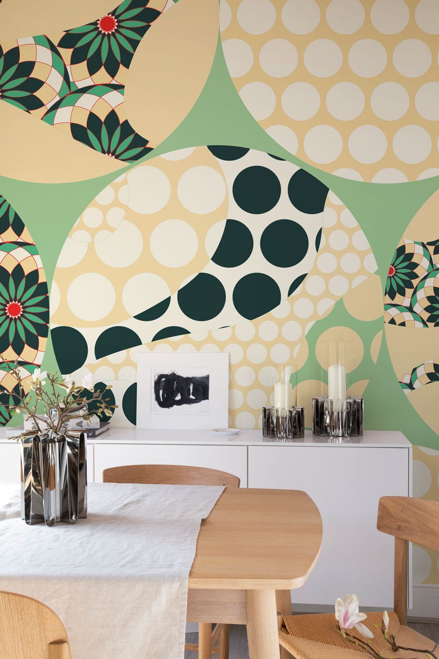 Wallpaper Mural with Kaleidoscope Circles for Use in Decorating the Dining Room