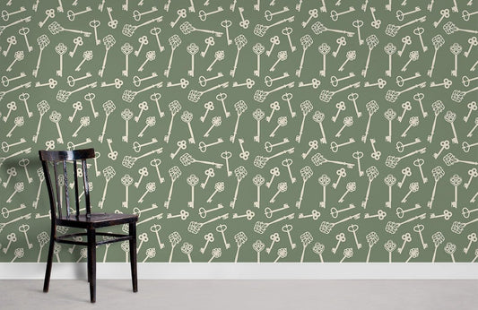 Vintage Key Pattern Olive Mural Wallpaper