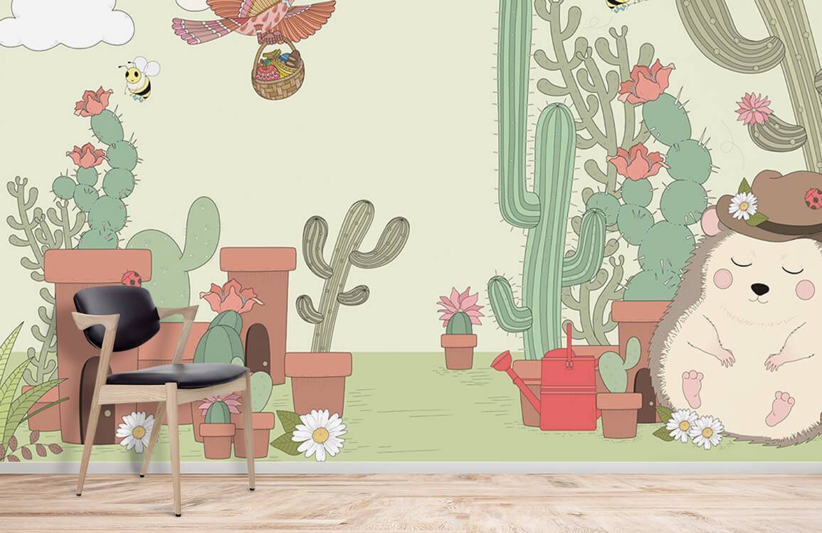 Hedgehog wallpaper mural with a child-friendly pastel pattern