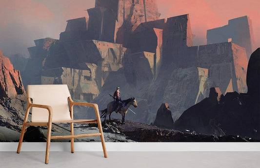 Mystical Fortress Sunset Landscape Mural Wallpaper in living room