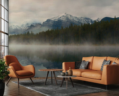 Misty Mountain Lake Serene Mural Wallpaper in living room