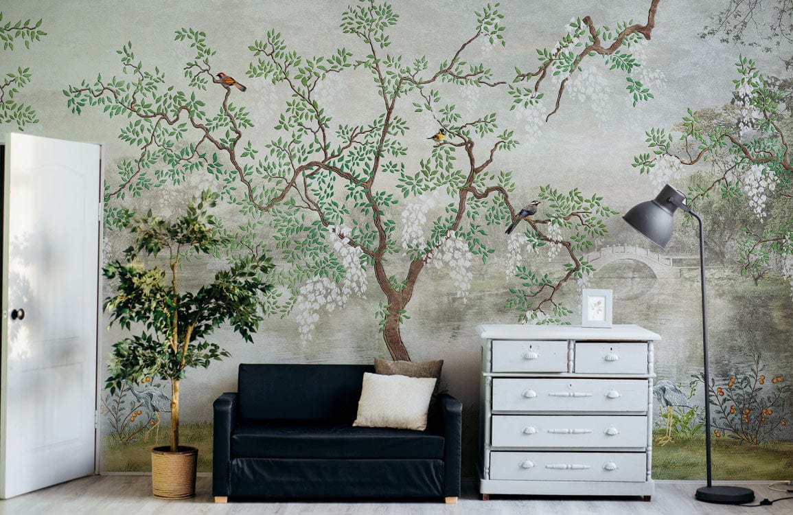 lakeside garden vinatge wallpaper mural living room decor