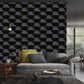 a living room with metal maze wallpaper
