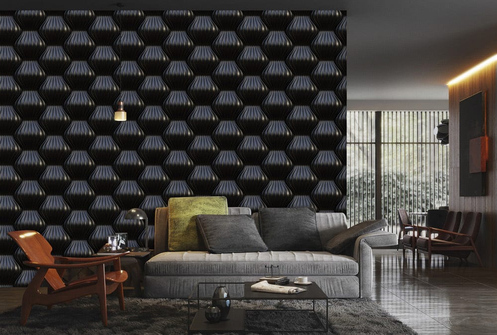 a living room with metal maze wallpaper