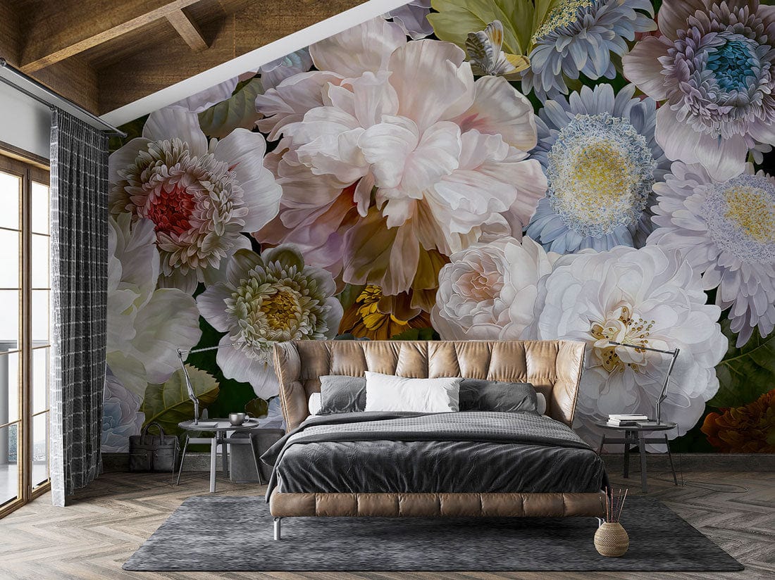 Wallpaper mural with large blooming floral patterns for use as bedroom decor.