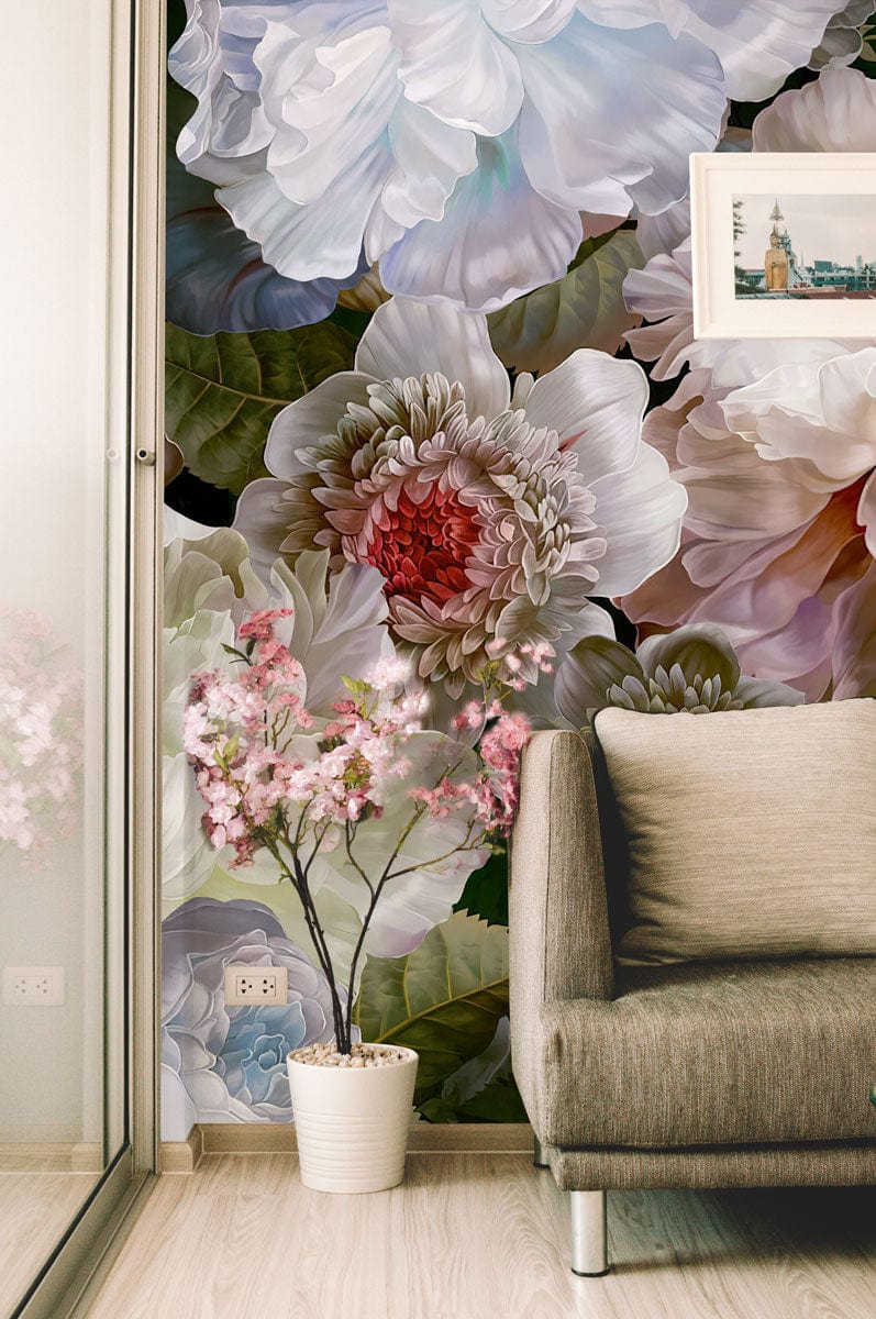 Wallpaper mural with large blooming floral patterns for use in decorating the living room.