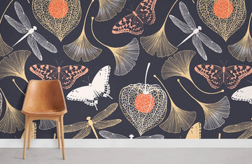 Botanical Butterfly Dark Mural Wallpaper
