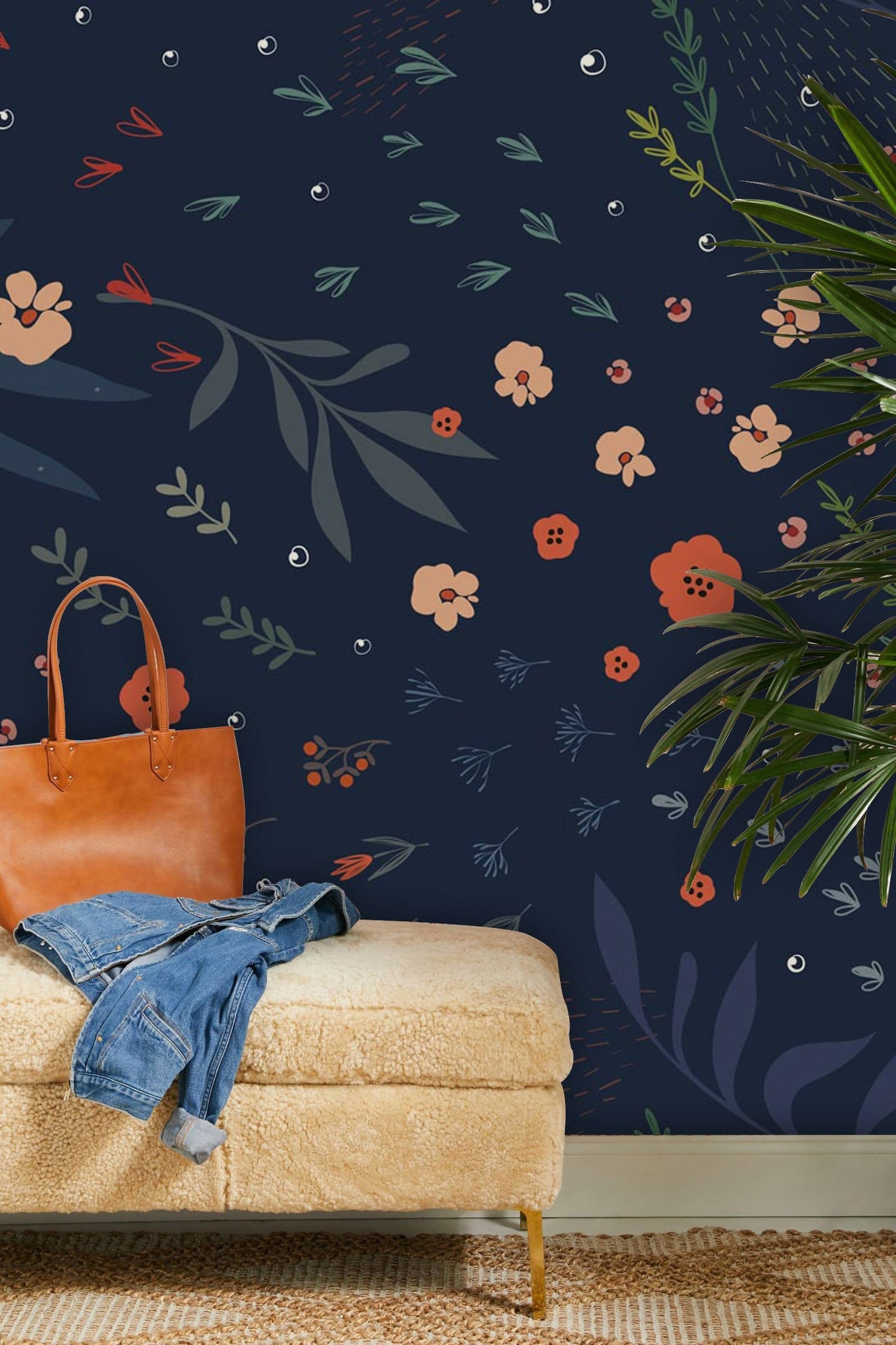 Wallpaper mural with dark blue leaves for use as decoration in the hallway