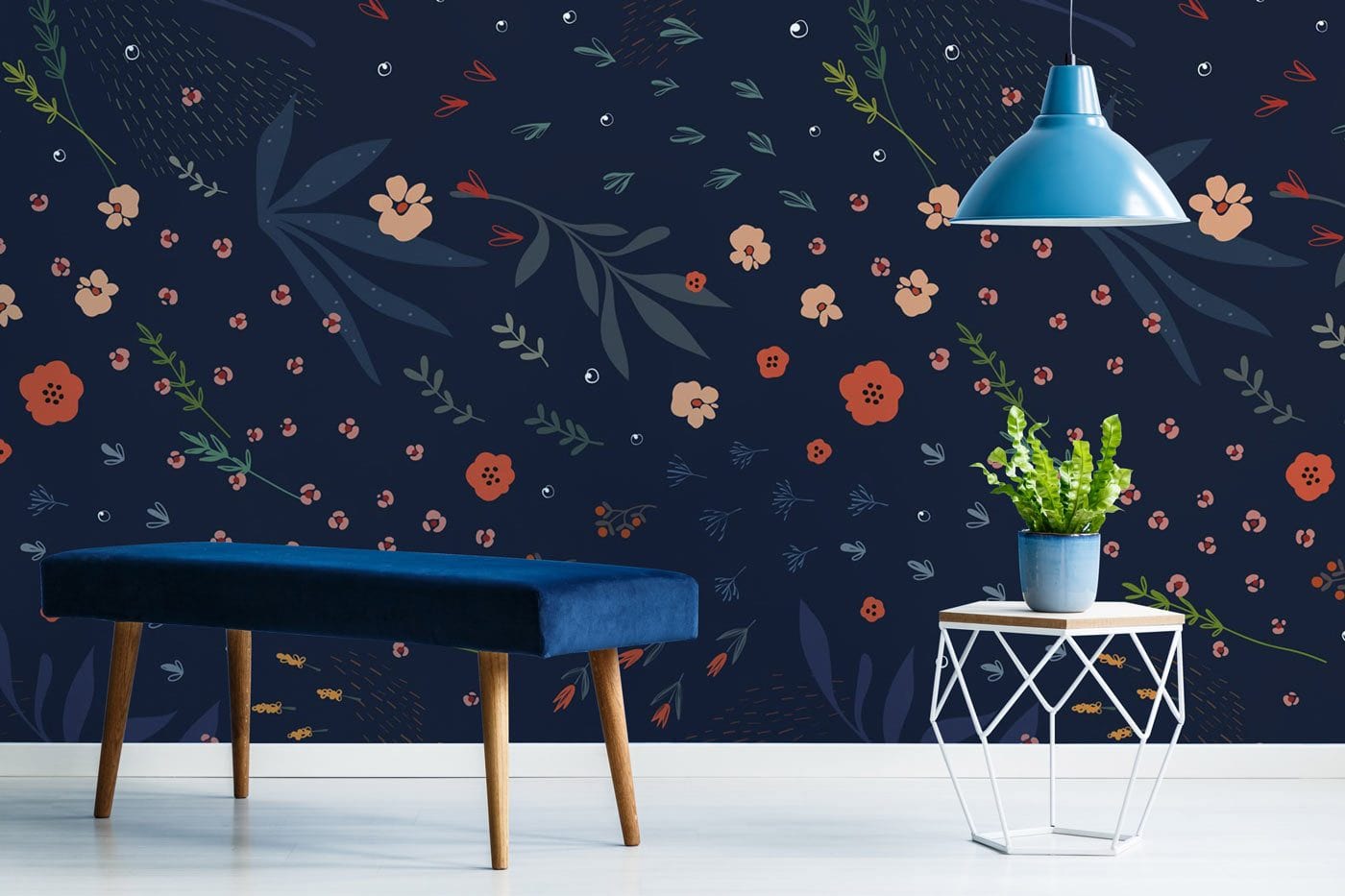 Wallpaper mural with dark blue leaves for the hallway's decor