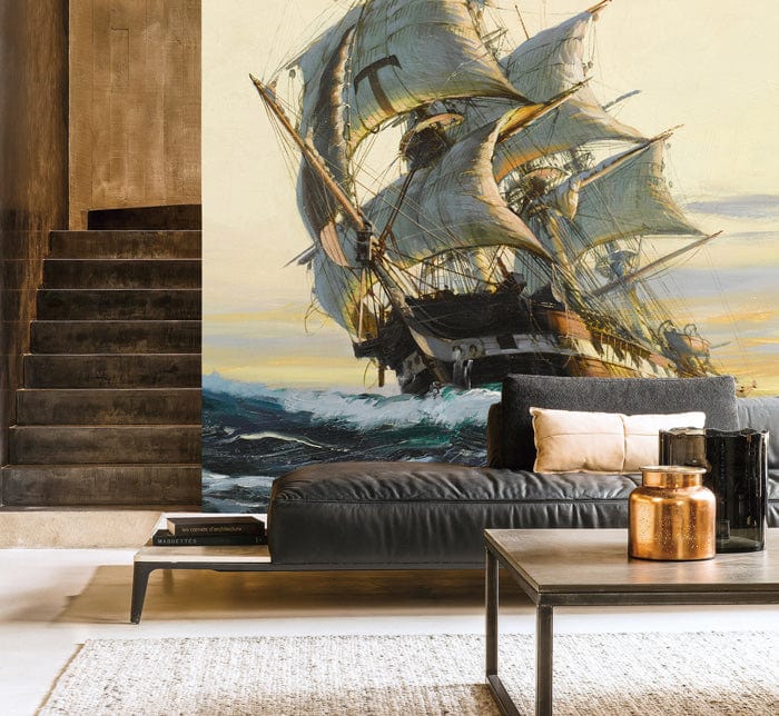 living room wallpaper with a leaning boat in the ocean