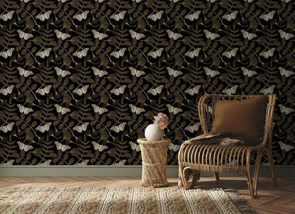 Elegant Butterfly Pattern Black Mural Wallpaper in living room