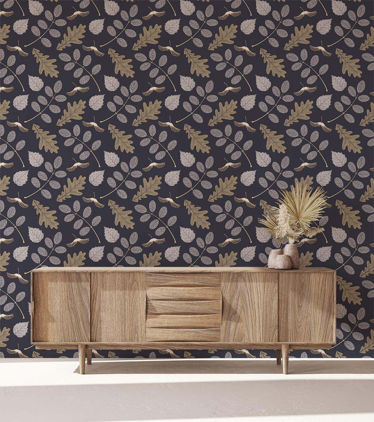 Navy Botanical Leaf Pattern Mural Wallpaper