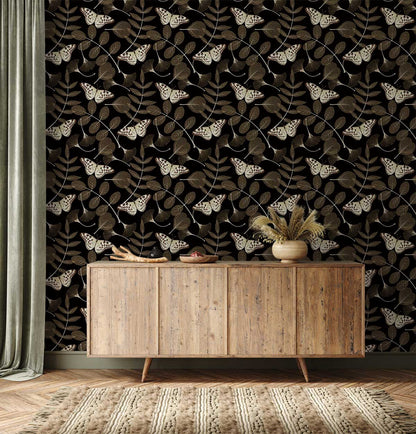 Elegant Butterfly Pattern Black Mural Wallpaper in living room