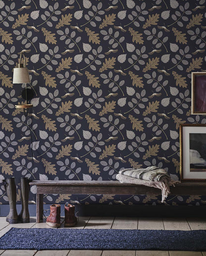 Navy Botanical Leaf Pattern Mural Wallpaper in entryway