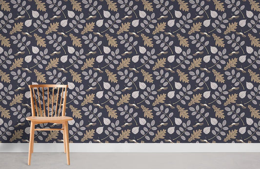 Navy Botanical Leaf Pattern Mural Wallpaper
