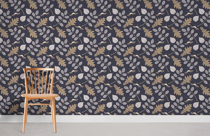 Navy Botanical Leaf Pattern Mural Wallpaper